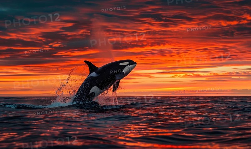A breaching orca whale captured in mid-air against a vibrant sunset sky AI generated