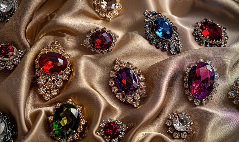 A captivating photograph showcasing a collection of vibrant gemstone brooches arranged on a luxurious satin material background AI generated