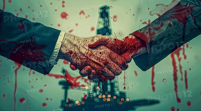 Two men shaking hands with red blood on their hands. Concept of corporate greed and oil industry, AI generated