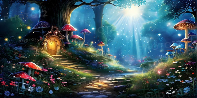 AI generated enchanted forest illustration intertwining trees aglow with magical light
