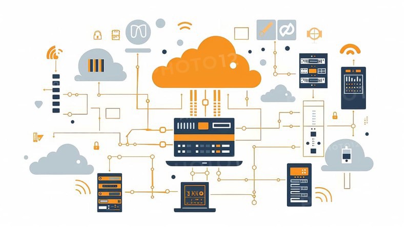 Flat design infographic of cloud computing with various technology icons and devices, AI generated