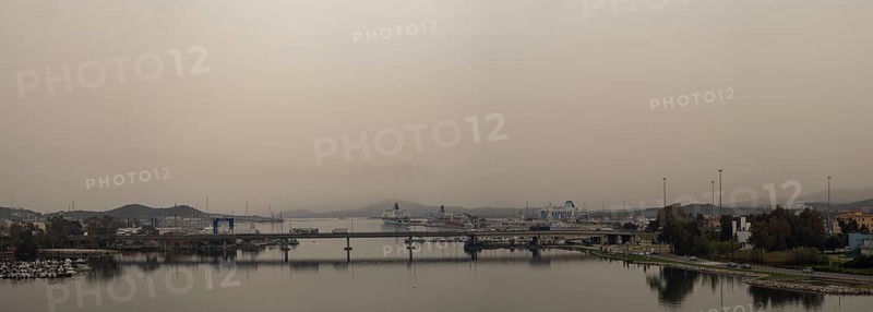 Sahara dust, harbour of Olbia, panoramic view, Olbia, Sardinia, Italy, Europe