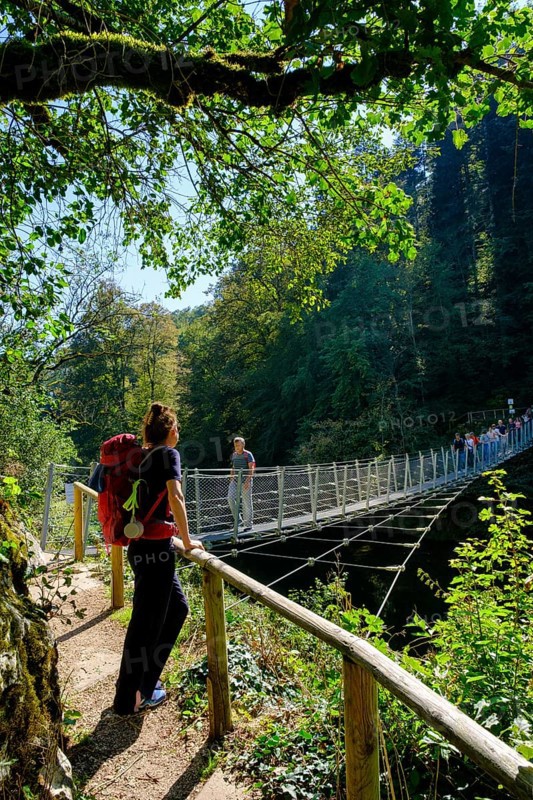 Hikers at the suspension bridge over the Danube, Inzigkofen Princely Park near Sigmaringen, Upper Danube Valley, Baden-Wuerttemberg, Germany, Europe
