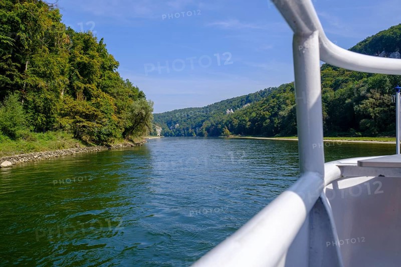 Excursion boat, Danube boat, in the Danube gorge, with liberation hall, Weltenburger Enge, gorge, Upper Jura, Weltenburg, Kelheim on the Danube, Lower Bavaria. Bavaria, Germany, Europe