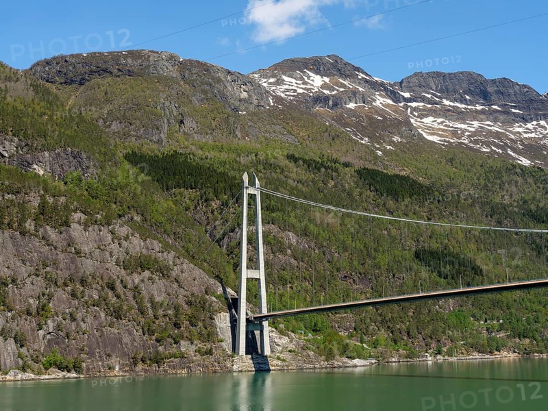 Bridge spanning forested mountains and a green lake, under a clear blue sky, bridge in a fjord with snow-capped mountains and green trees, greenish shimmering water, eidfjord, Norway, Europe