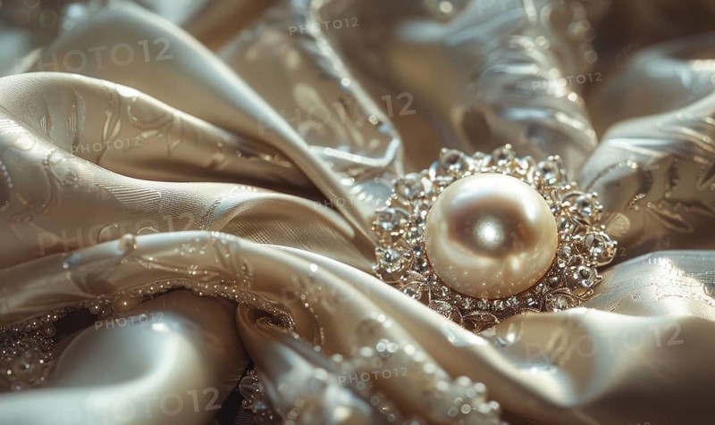 A pearl brooch adorned with sparkling crystals resting on a smooth satin material background AI generated