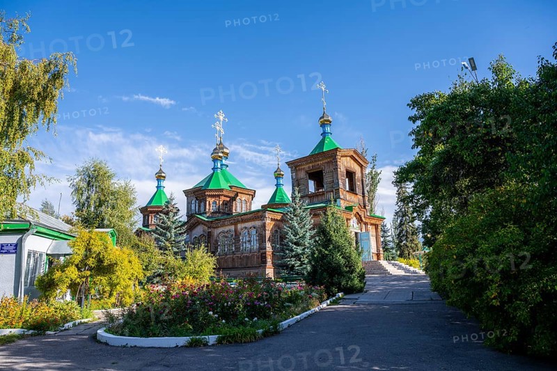 Russian Orthodox Church Cathedral of the Holy Trinity, wooden church with green spires, Karakol, Kyrgyzstan, Asia