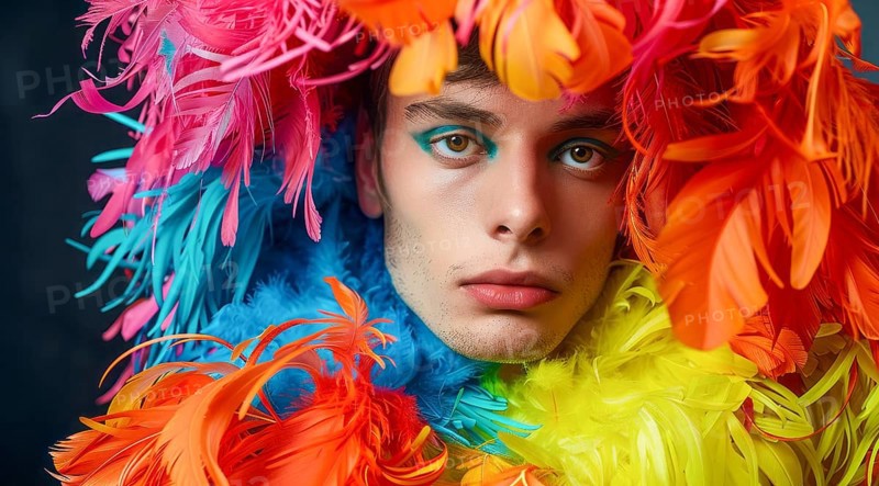 A transgender LGBTQ man wearing a colorful feathery costume with blue, yellow, and red feathers, AI generated