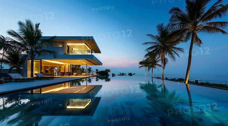 Exterior of private house luxury villa. Modern architecture real estate with swimming pool, AI generated
