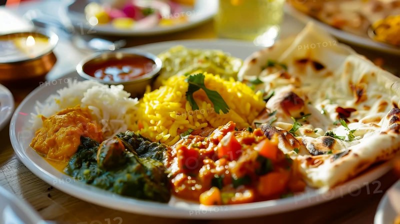 Sunny presentation of an Indian meal with naan, saffron rice, and mixed vegetable dishes, AI generated