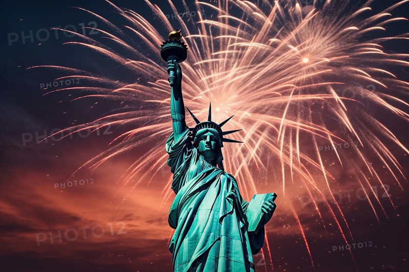 4th of July Independence day concept background, a Statue of Liberty withfireworks. Concept of independence, patriotism and pride in the United States, AI generated