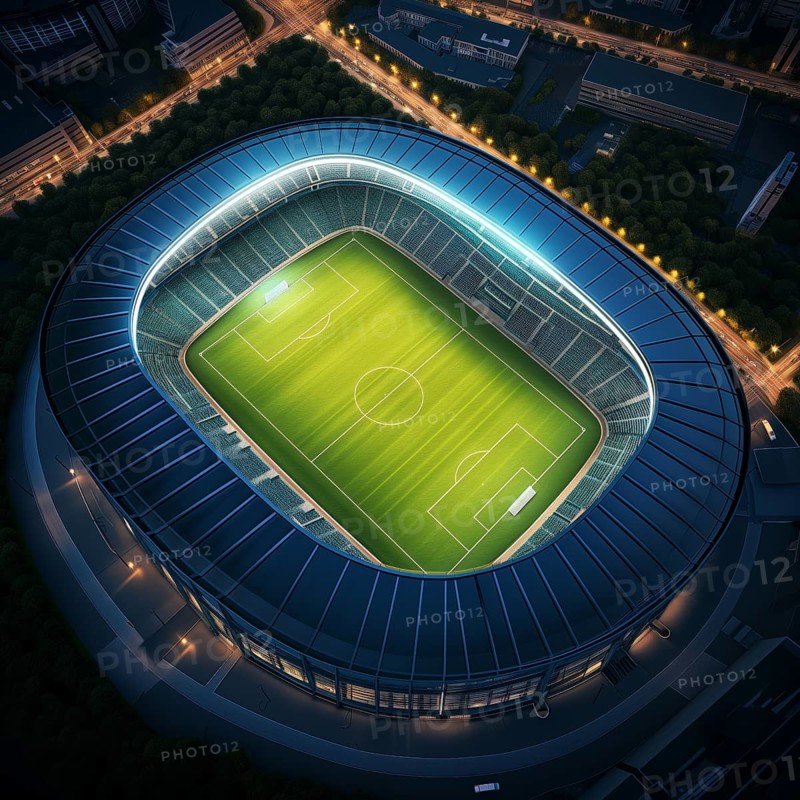 Aerial bird eye top view of a soccer football field stadium in night, AI generated