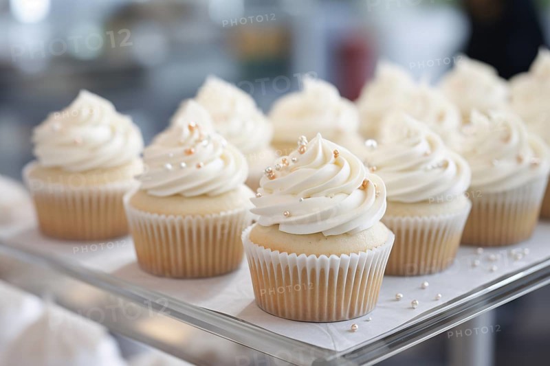 Wedding cupcakes with white frosting and sugar sprinkles. AI generated