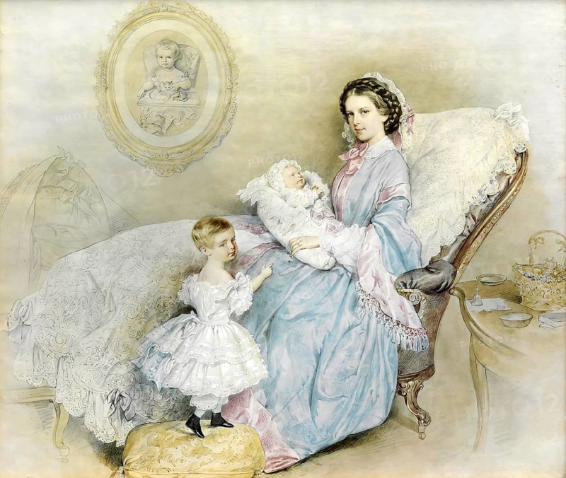 Empress Elisabeth with her children, Elisabeth of Austria (born 24 December 1837 as Elisabeth Amalie Eugenie von Wittelsbach, Duchess in Bavaria in Munich, Kingdom of Bavaria, died 10 September 1898 in Geneva, Switzerland) came from the ducal collateral line Palatinate-Zweibruecken-Birkenfeld-Gelnhausen of the House of Wittelsbach. She became Empress of Austria in 1854 through her marriage to her cousin Franz Joseph I and also Queen of Hungary in 1867, Historical, digitally restored reproduction from a 19th century original, Record date not stated