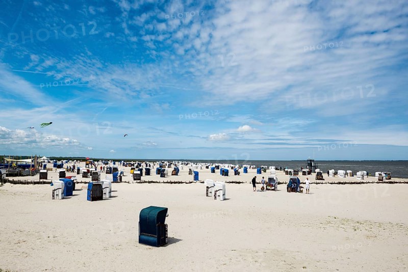 Beach chairs on the sandy beach, Harlesiel, Carolinensiel, East Frisia, Lower Saxony, Germany, Europe