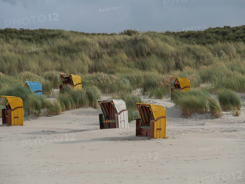Several beach chairs scattered in front of high dunes under cloudy sky, colourful beach chairs on the beach and in the dunes under cloudy sky, red wooden boat and yellow beach chair, Juist, Germany, Europe