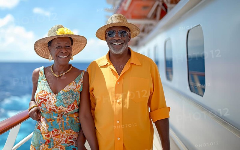 Happy african american senior couple portrait on the deck of their luxury cruise ship. generative AI, AI generated