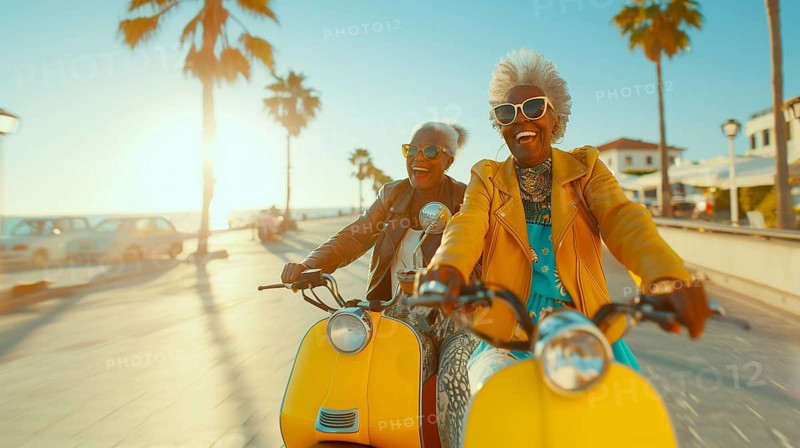 Two happy african american women riding scooters on the ocean boardwalk. generative AI, AI generated