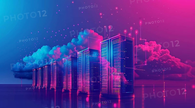 Cloud services concept and server farm supporting SAS cloud applications for enterprise clients, AI generated
