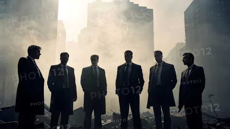Silhouette of a group of businessman against a backdrop double exposure that reveals a destroyed cityscape, AI generated