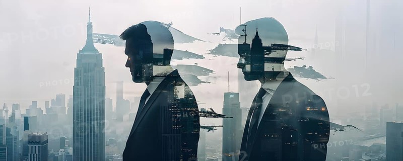 Silhouette of two businessman against a backdrop double exposure that reveals a destroyed cityscape, AI generated