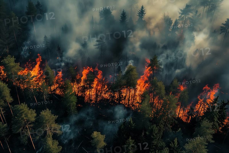Aerial view of a forest fire is raging through a forest, with smoke and flames visible in the air. The scene is chaotic and dangerous, with trees and other vegetation being consumed by the fire, AI generated