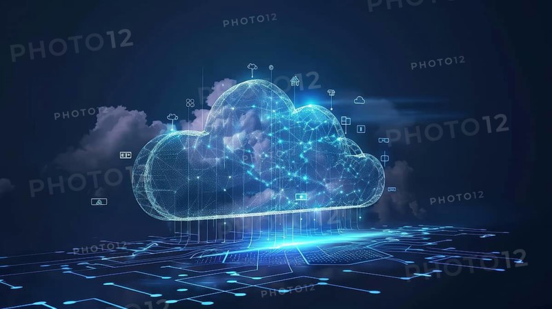 Futuristic blue cloud illustration for cloud computing floating above a digital network, AI generated