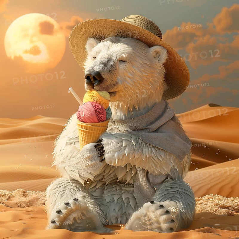 A polar bear sits in the desert at sunset, enjoying ice cream while wearing a hat and looking more relaxed, symbolic image on the topic of climate change, climate catastrophe, climate protection, AI generated