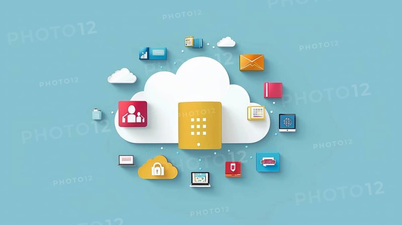 Minimalistic 3D illustration showing cloud computing with various icons representing different tech services and data storage, AI generated