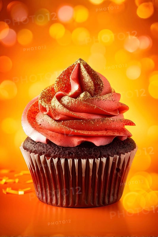 Cupcake with velvety cherry red frosting swirls sprinkled with gold glitter against orange, AI generated