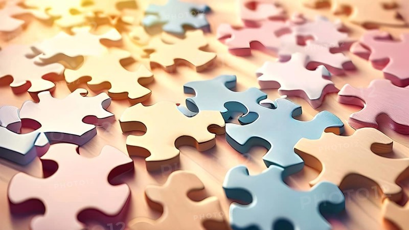 Illustration of scattered puzzle pieces sprawled across as a wallpaper background, AI generated