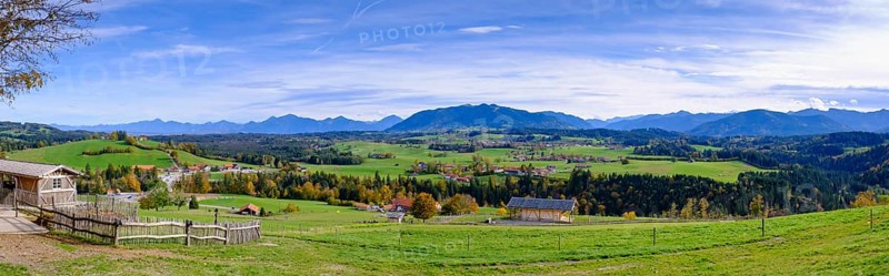 View from the Schoenegger Kaesealm over the Ammergau Alps, near Rottenbuch, Wildsteig, Upper Bavaria. Bavaria, Germany, Europe