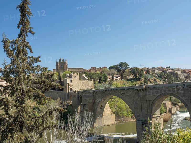 Historic stone bridge over a river with green trees and buildings in the background under a blue sky, historic stone bridge with an old tower and an old town in the background over a wild river, Toledo, Spain, Europe