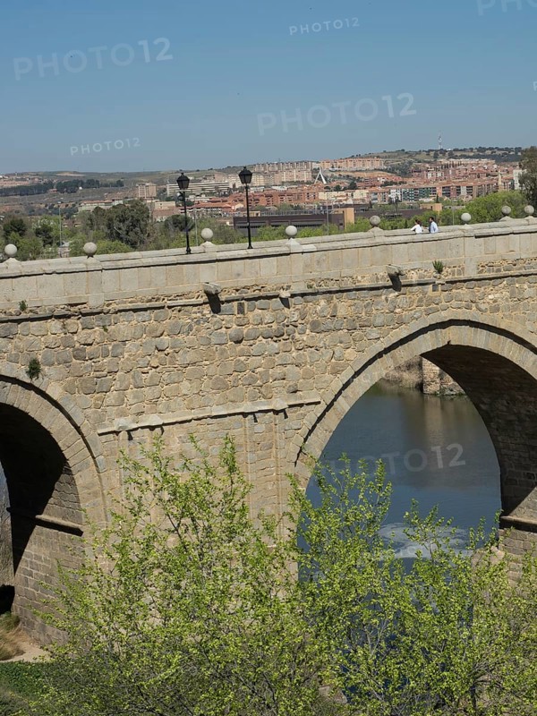 Stone bridge over a river with trees and streetlights in the foreground, city in the background, clear sky, historic stone bridge with an old tower and an old city in the background over a wild river, Toledo, Spain, Europe