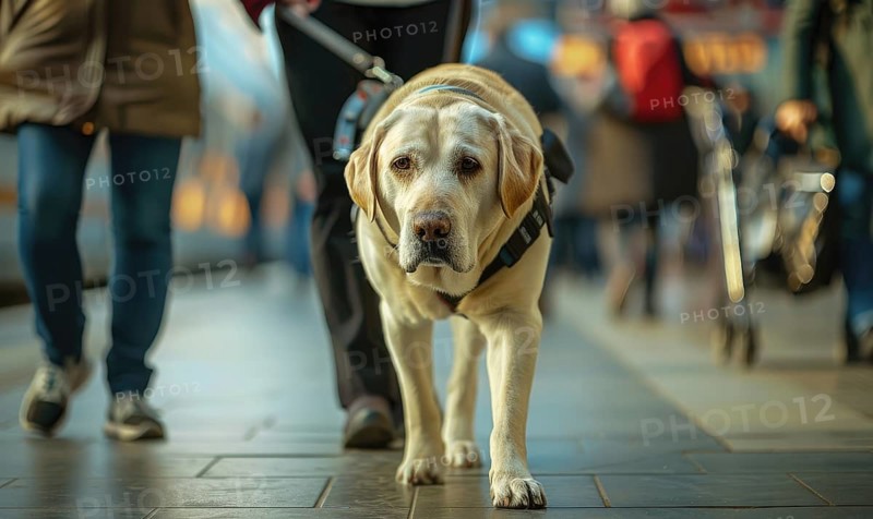 A guide dog assisting its owner in navigating through a crowded train station AI generated