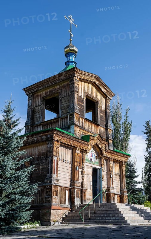 Russian Orthodox Church Cathedral of the Holy Trinity, wooden church with green spires, Karakol, Kyrgyzstan, Asia
