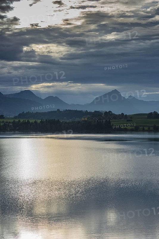 Sunset, Hopfensee, Hopfen am See, near Fuessen, Ostallgaeu, Allgaeu, Bavaria, Germany, Europe