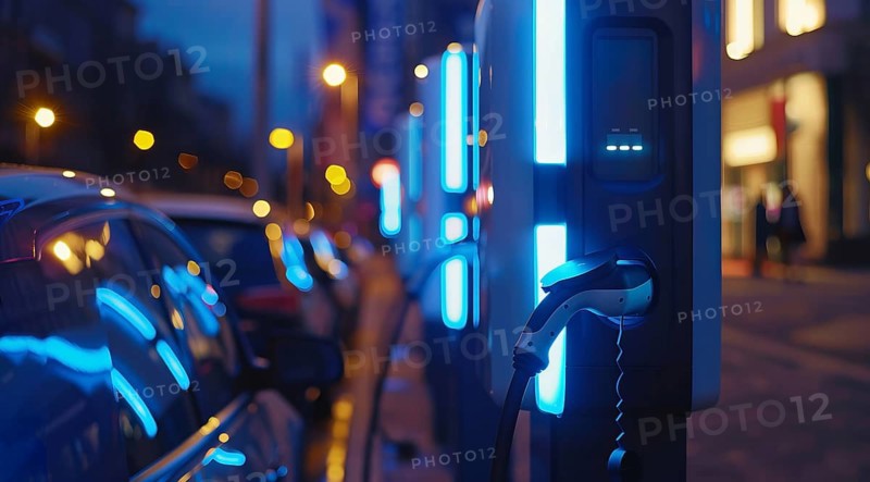 Electric car charging the battery from the electric charger, AI generated