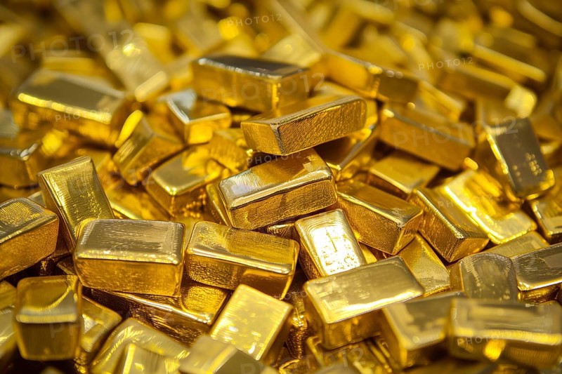 Banking finance concept background, pile of gold bars bullions ingots close up, AI generated