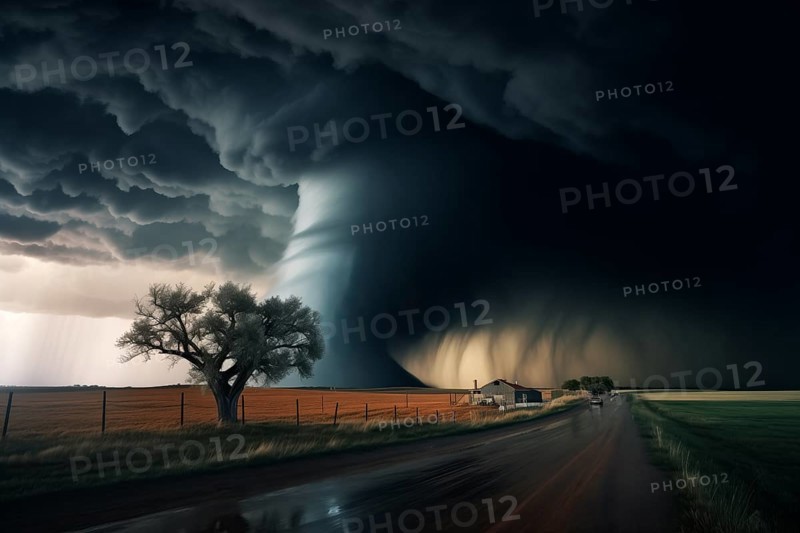 Disaster catastrophe storm concept, tornado in a field in the USA with car on road driving towards the storm in field under stormy dark sky, AI generated