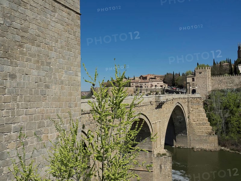Historic stone bridge crossing a river, surrounded by green vegetation and clear blue sky, historic stone bridge with an old tower and an old town in the background over a wild river, Toledo, Spain, Europe