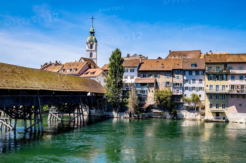 View of an old wooden bridge with an old town in the background, Olten, Solothurn, Switzerland, Europe
