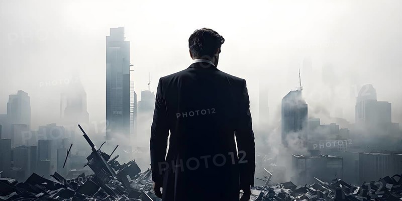 Silhouette of a businessman against a backdrop double exposure that reveals a destroyed cityscape, AI generated