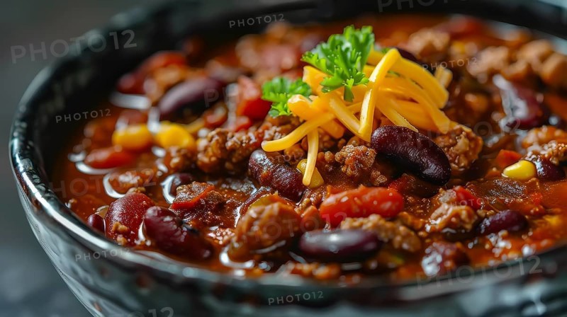 A hearty bowl of chili with beans, beef, and topped with shredded cheese, AI generated