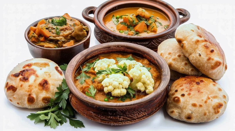 Traditional Indian meal featuring curry and naan bread garnished with parsley, served in pottery, AI generated
