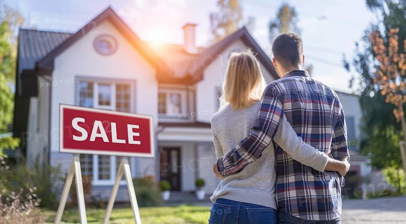 House for sale. Happy new buyer couple stand in front of modern luxury real estate intending to buy, AI generated