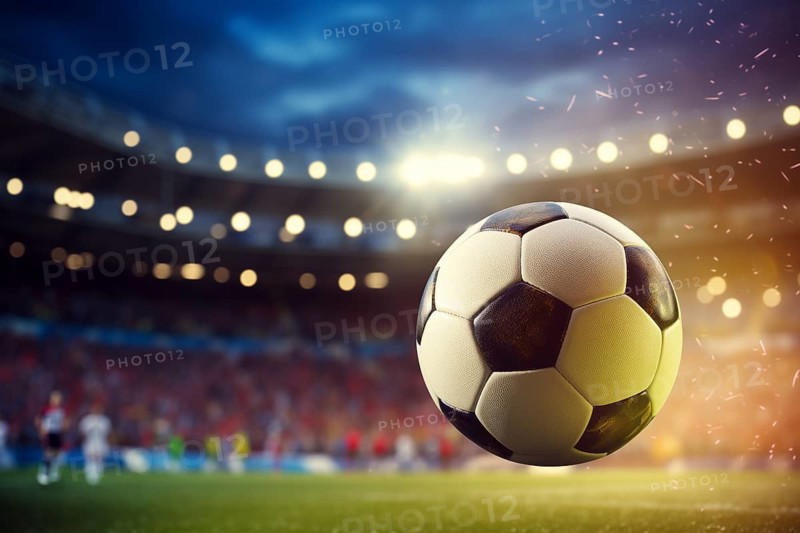 A soccer ball is in the air on football stadium, surrounded by players on a field during the game, AI generated