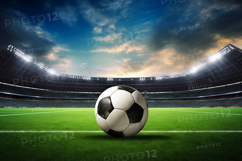 A soccer ball on a green field in soccer football stadium in evening with floodlights lights, AI generated