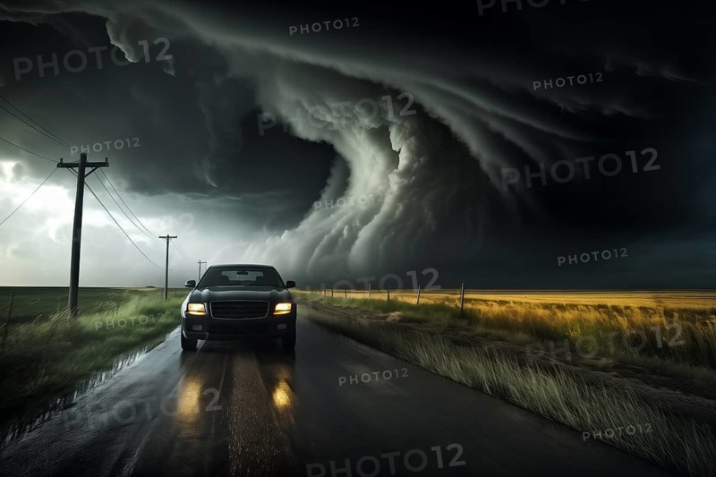 Disaster catastrophe storm concept, tornado in a field in the USA with car on road escaping tornado in field under stormy dark sky, AI generated