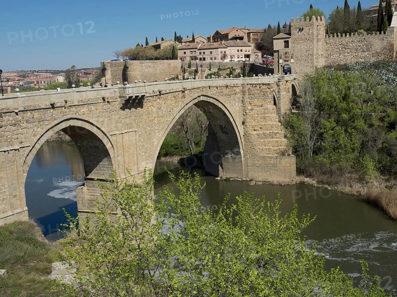 Stone bridge over a river with historic buildings and green vegetation in the background on a sunny day, historic stone bridge with an old tower and an old town in the background over a wild river, Toledo, Spain, Europe